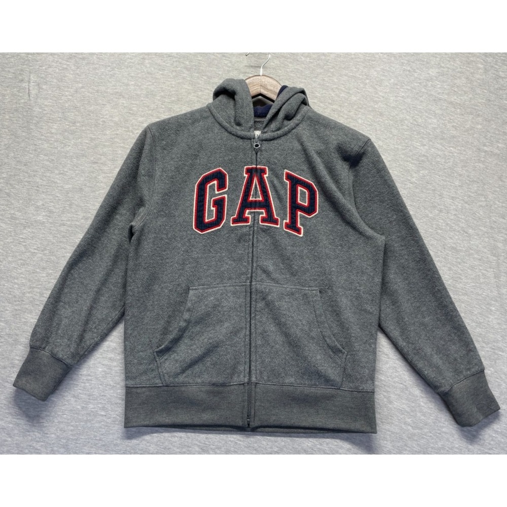 Gap Hoodie Unisex Kids XL (12-13) Gray Fleece Applique Spellout Logo Full Zip